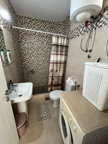 a bathroom with a sink and a toilet and a shower at Apartments Visar in Ulcinj