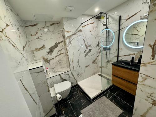 une salle de bain avec une douche, des toilettes et un lavabo dans l'établissement York's APPART, à Saint-Herblain