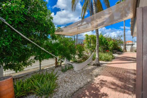 a hammock in a garden with palm trees at Arubiana Inn Hotel in Palm-Eagle Beach
