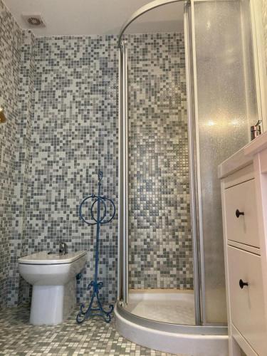 a bathroom with a shower and a toilet and a sink at Beach Apartment Marfolin 17 El Cotillo Adults Only in El Cotillo