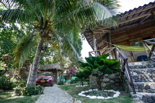 a car parked next to a house with a palm tree at Posadas Ecoturisticas Seineken in El Zaino