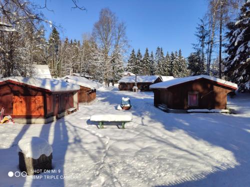 a group of huts covered in snow with trees at Lesní chaty "Hogo Fogo" in Kytlice