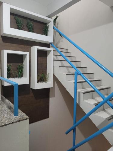 a white staircase with blue railings and potted plants at Sol do Centro Pousada in Fortaleza