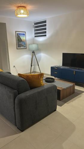 a living room with a couch and a tv at T2 palme bleue pour 4 personnes au diamant in Le Diamant