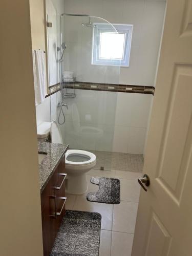 a bathroom with a shower and a toilet and a window at Gated home by the beach in Lucea