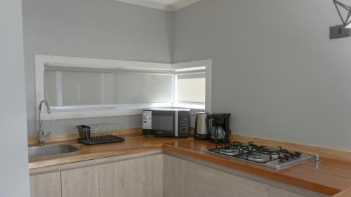 un bancone della cucina con forno a microonde e lavandino di Cabaña 2, Barrio Santa Elena a Valdivia