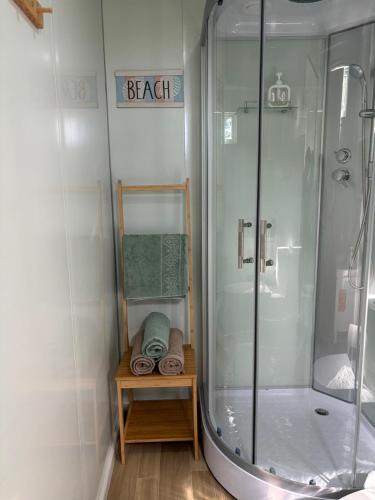 ein Badezimmer mit Dusche mit Glastür in der Unterkunft Mirada al Mar 02 in Aguadilla