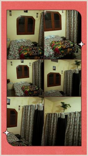 a collage of four pictures of a bed with curtains at Agrawal stay home in Varanasi
