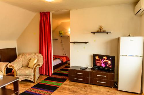 a living room with a refrigerator and a tv at Apartment Leonardo Da Vinci in Plovdiv