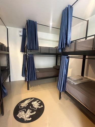 a room with bunk beds with blue curtains and a rug at Echo Koh Tao Hostel & Diving in Koh Tao