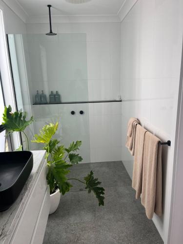 a white bathroom with a shower and a sink at Dreamy Staiz - Riverland Abode in Barmera