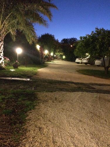 a street at night with palm trees and cars parked at Torre Archirafi Resort in Riposto