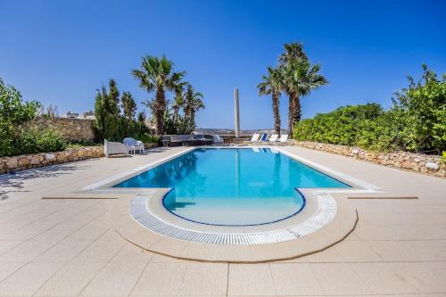 a swimming pool with palm trees in the background at Lilla Bo - Ocean View Villa in San Lawrenz