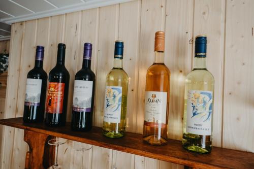 a row of wine bottles on a wooden shelf at Altes Häusle am Waschbach-Weinberg in Edenkoben