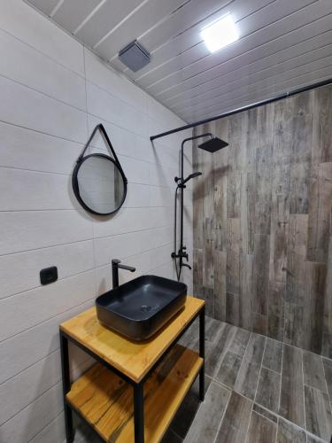 a bathroom with a black sink and a mirror at Guest house in Dilijan , whole apartment with 2 bedrooms in Dilijan
