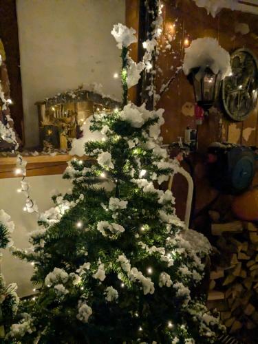 a christmas tree with snow on top of it at Altes Häusle am Waschbach Anno 1625 Ferienwohnungen und Doppelzimmer in Edenkoben