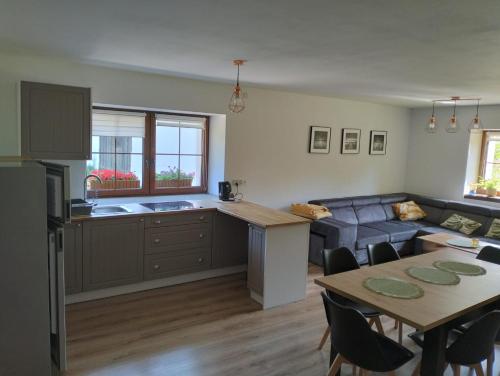 a kitchen and living room with a couch and a table at Noclegi i sauna w starym domu in Pławnica