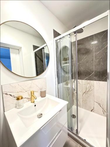 une salle de bain avec un lavabo et une douche dans l'établissement Mexico, appartement décoré avec goût, à Reims