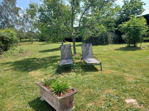two chairs sitting in the grass in a yard at Le gîte de l'Ecurie des 3 Châteaux in La Sauve-Majeure