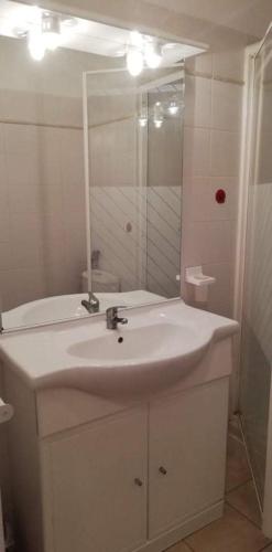 une salle de bain blanche avec un lavabo et un miroir dans l'établissement Appartement T2 bord de mer Corse, à Linguizzetta