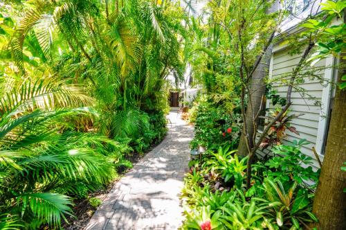 een pad door een tuin met palmbomen en planten bij Ann Street Cottage in Key West