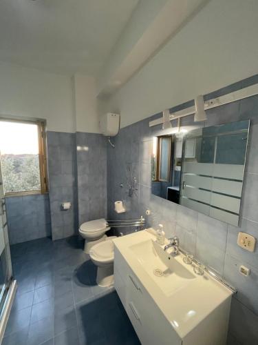 Un baño con lavabo, inodoro y espejo. en Casa in campagna Il Colibrì, en Sacrofano