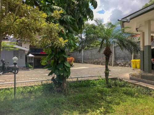 two palm trees in front of a building at Villa Bunga Guest House RedPartner in Malang