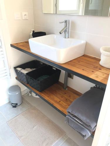 a bathroom with a sink on a wooden shelf at Chalet Sérénité in Moux-en-Morvan