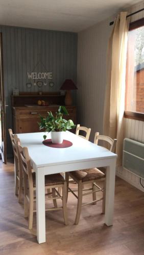 a white table and chairs with a plant on it at Chalet Sérénité in Moux-en-Morvan