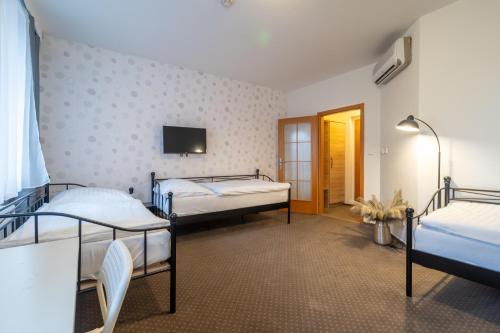 a room with three beds and a flat screen tv at Hotel Garni Orlova in Orlová