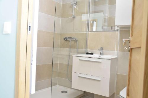 une salle de bain avec un lavabo et une douche dans l'établissement Appartement 2 pièces - Gruissan GN460-010, à Gruissan