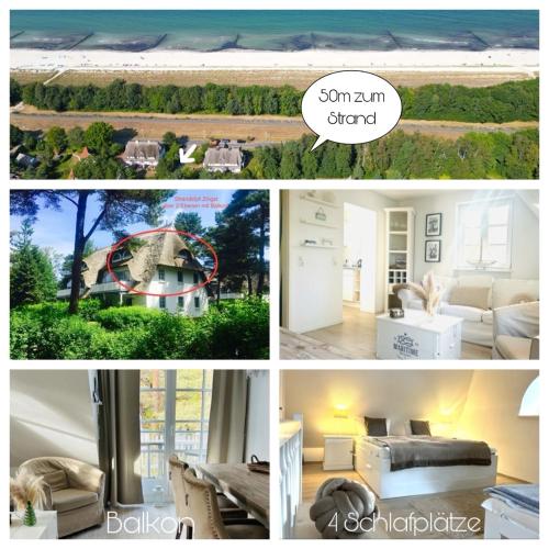 eine Collage mit Bildern eines Zimmers mit einem Haus in der Unterkunft Maisonette-Fewo unter Reet, 50m zum Meer, Strandidyll Zingst in Zingst