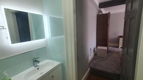 a bathroom with a sink and a mirror at Clairville Apartment - Garden Terrace, Central Ross-on-Wye in Ross on Wye