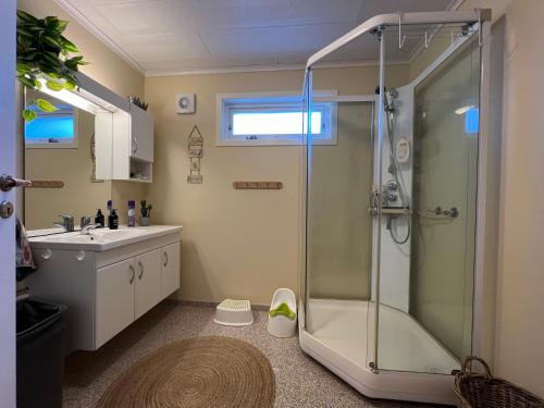 un bagno con doccia e lavandino di Stor, velutstyrt sokkel leilighet i Mandal a Mandal