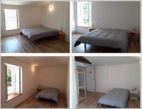 - trois photos d'une chambre avec deux lits et une fenêtre dans l'établissement Gîte l Harmonie, à Maillé