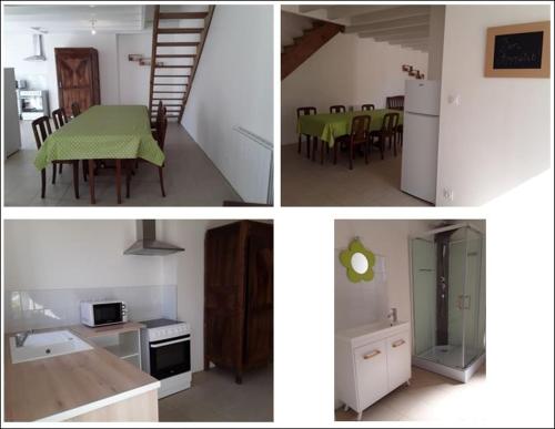 Quatre photos d'une cuisine et d'une salle à manger avec une table dans l'établissement Gîte l Harmonie, à Maillé