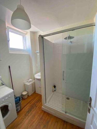 La salle de bains est pourvue d'une cabine de douche et d'un lave-linge. dans l'établissement 3 chambres 70m2 centre Clermont-Ferrand, à Clermont-Ferrand