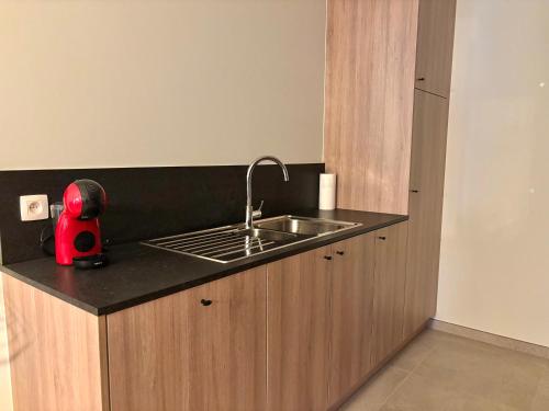 a kitchen with a sink and a red appliance on a counter at Ruytingen Modern Seaside Suite in Koksijde