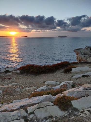 a sunset on a rocky beach with the ocean at 1 minute from beach - Baleal Wood Cabin in Baleal