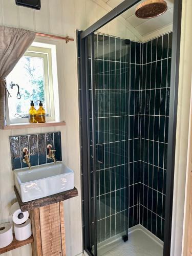 a bathroom with a sink and a shower at 'Bramley' Hut on private farm in Charsfield