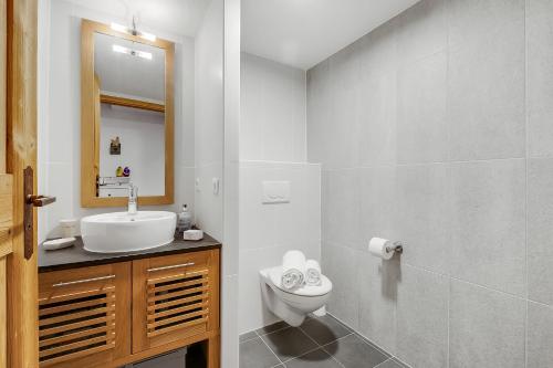 a bathroom with a toilet and a sink and a mirror at l'Ours Bleu B33 ski -in ski -out - Happy Rentals in Vallorcine