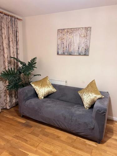 a black leather couch in a living room with a plant at Oxford four-Bedrooms detached house with driveway parking in Oxford