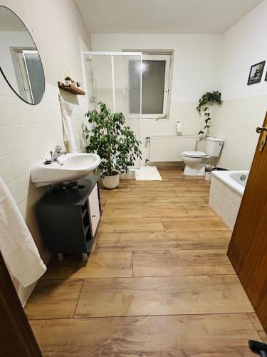 a bathroom with a sink and a toilet and a tub at Ferienwohnung Schönheit in Gönnern