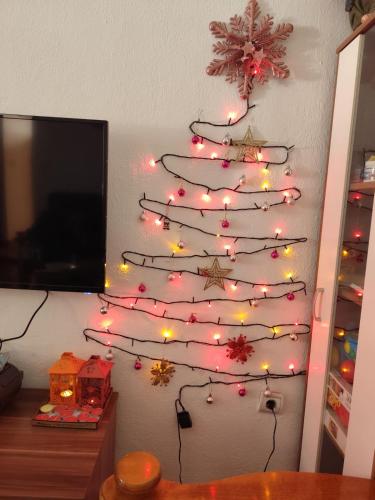 a christmas tree with lights on a wall at BAH house in Kolašin