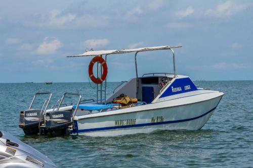a blue and white boat in the water at Rusinga Island Lodge in Mbita