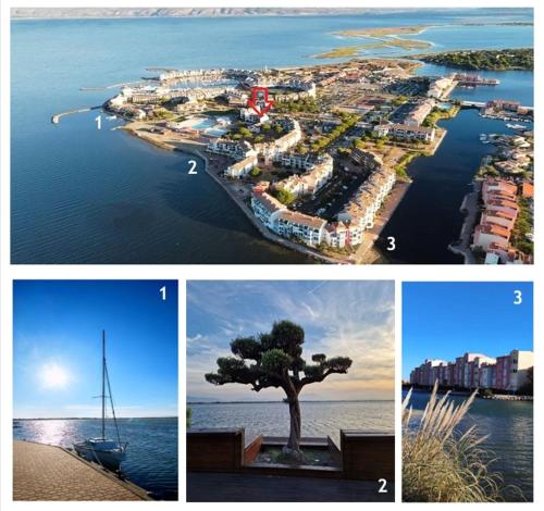 Un collage de quatre photos d'une ville et d'un port dans l'établissement Cap Coudalère entre lac et mer, au Barcarès