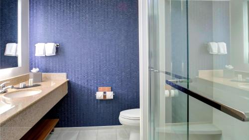 a bathroom with a toilet and a glass shower at Fairfield Inn & Suites by Marriott Virginia Beach Oceanfront in Virginia Beach