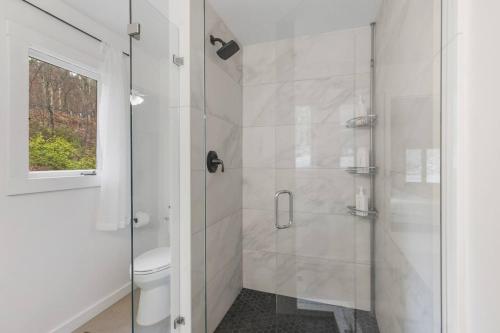 a bathroom with a glass shower with a toilet at Dream Retreat with Hot Tub, FirePit, Grill and only 15 min to Downtown Chattanooga in Signal Mountain