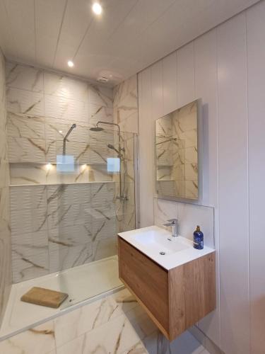 a bathroom with a sink and a shower at Falls Park in Ingleton 
