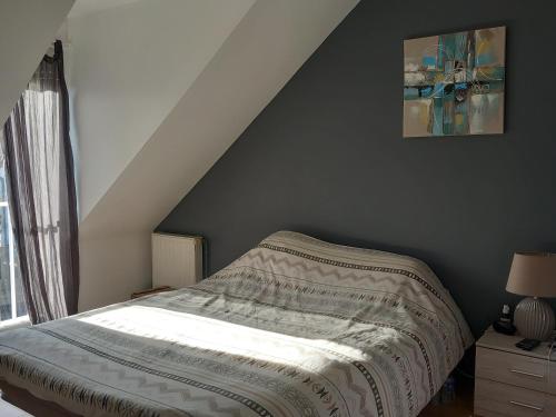 un lit avec une couette dessus dans une chambre dans l'établissement Maison rénovée proche circuit des 24H, au Mans